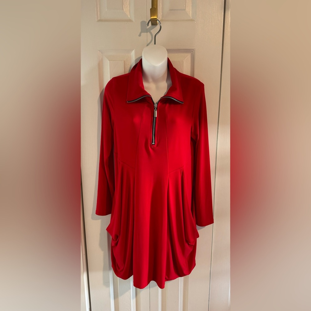 EUC Fashque Studio Red Long Sleeve Jersey Dress w/ zip collar, Size: M